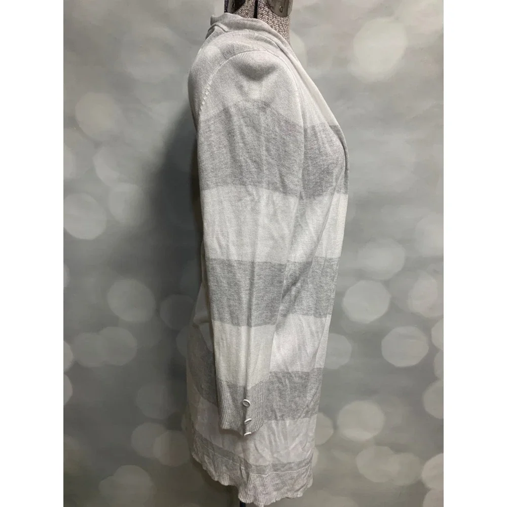 RED grey white striped long lightweight open large cardigan button sleeve detail - Picture 3 of 7